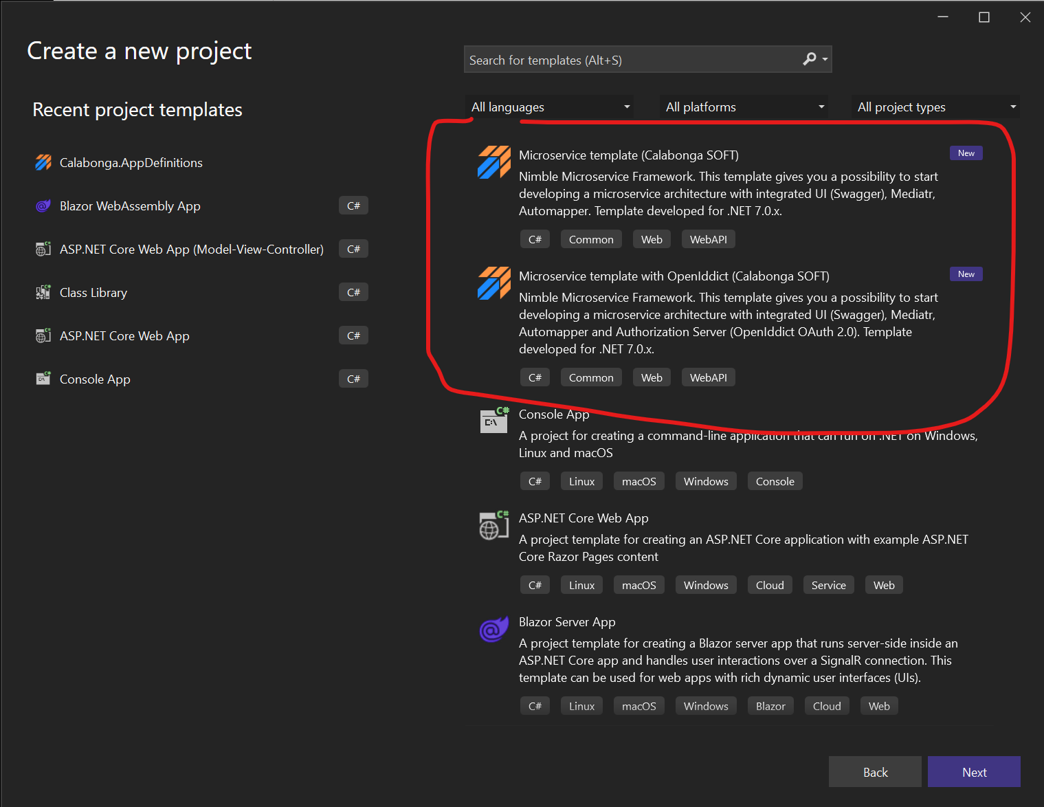 Visual Studio create new project screen